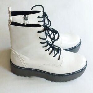 Bershka White Patent Combat Lug Sole Boots 38 7.5 Black Laces Soles FLAW
